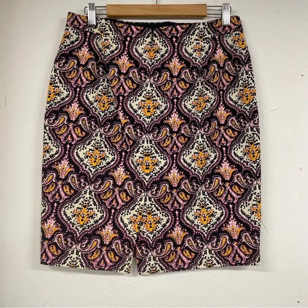 J Crew The Pencil Skirt Pink Yellow Black Paisley Print Mini Womens 6 Straight